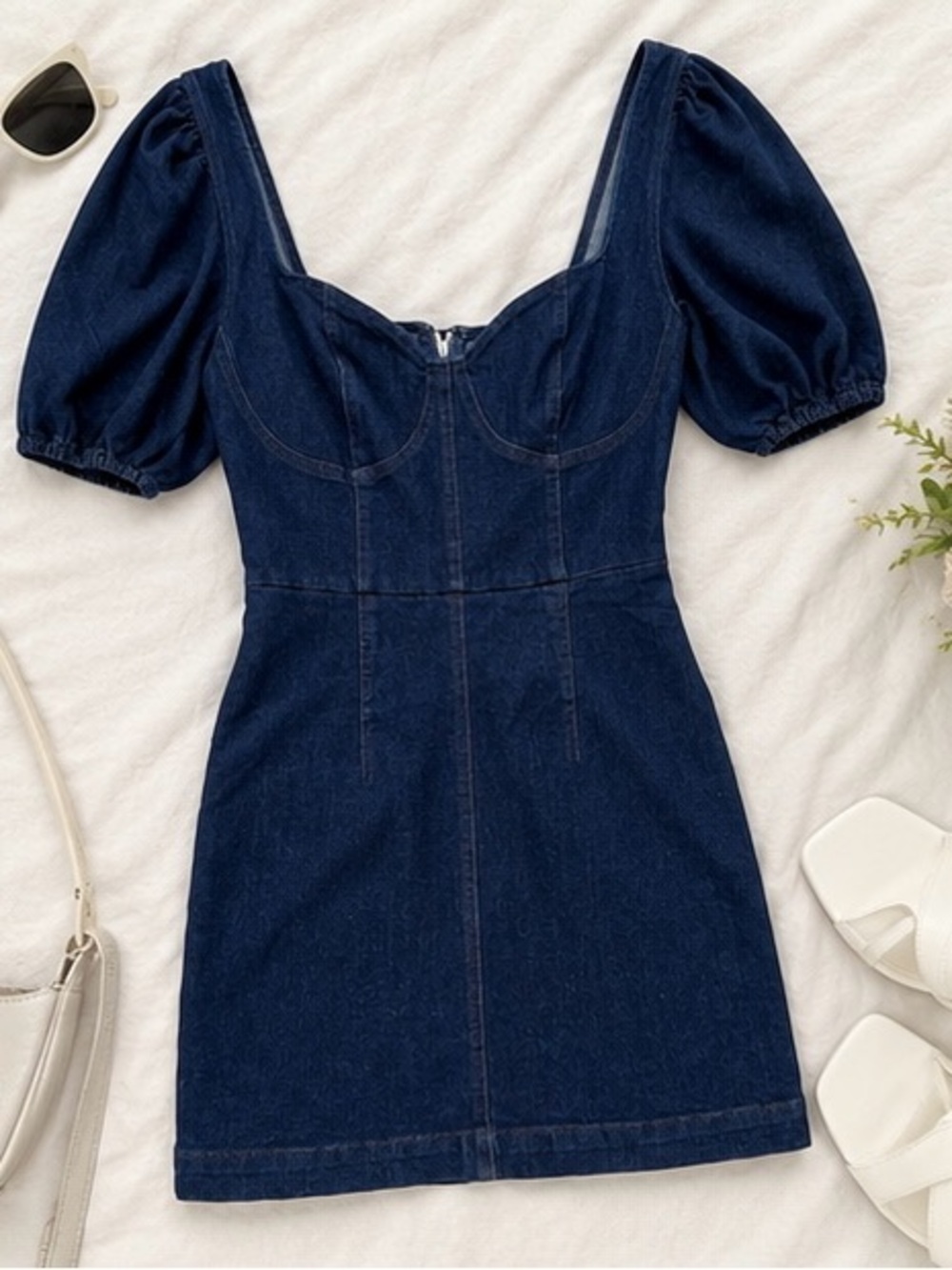 Lulus Denim‎ Puff Sleeve Mini Dress Corset Bustier Dark Wash XS Cottagecore